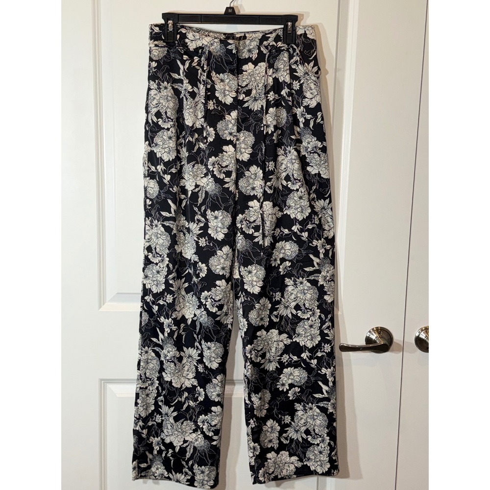 H&M Black White Floral Wide Leg High Rise Pleated Trousers Pants Womens Size 6